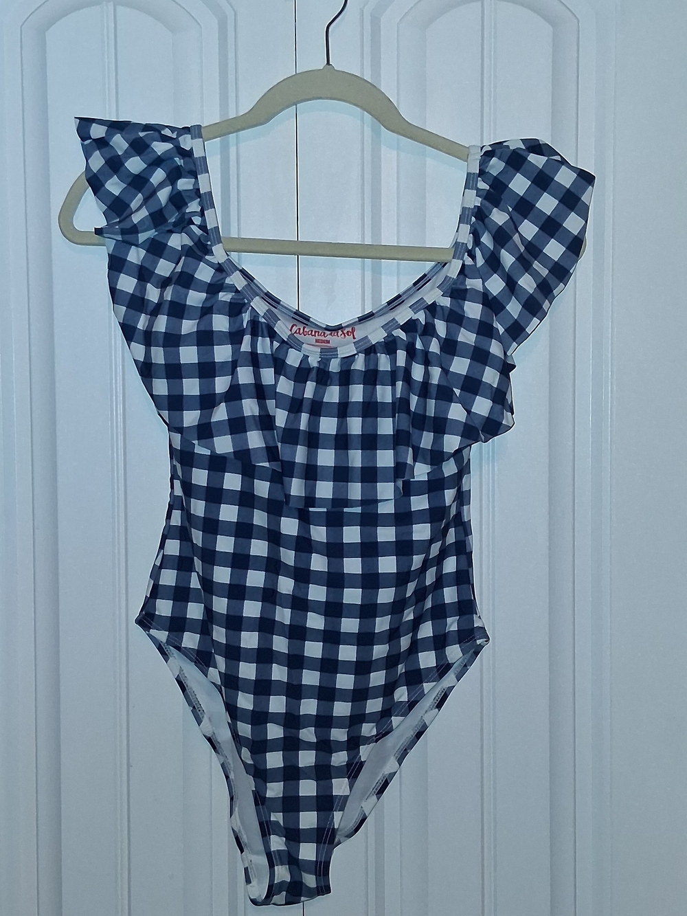 CABANA DEL SOL Women's Navy/White Ruffle One-Piece Swimsuit Size Medium